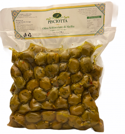 Olive verdi condite di Sicilia varietà: Nocellara del Belice. Busta da 1kg.
