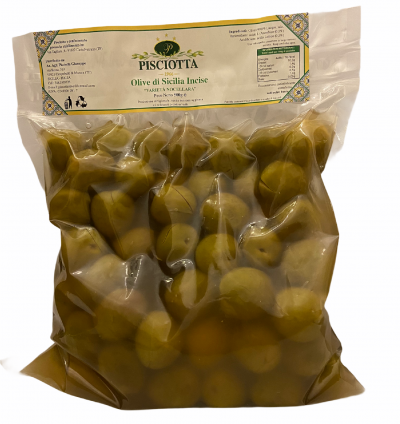 Olive verdi di Sicilia incise in salamoia varietà: Nocellara del Belice. Busta da 1kg. Spedizione gratuita.